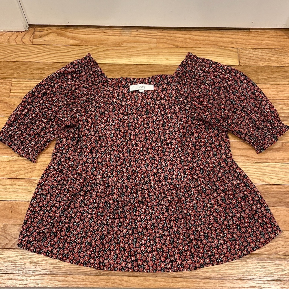 LOFT Red and Black Floral Blouse